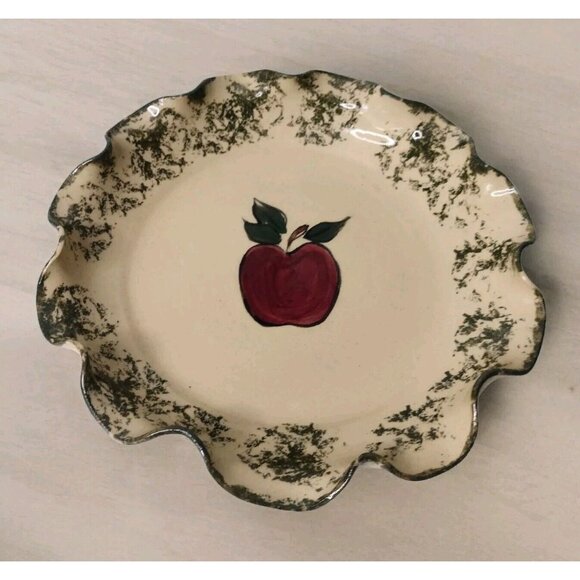 NC Piney Woods Art Pottery Apple Pie Dish Vintage Spongeware Ruffled Edge Baking - Picture 1 of 5